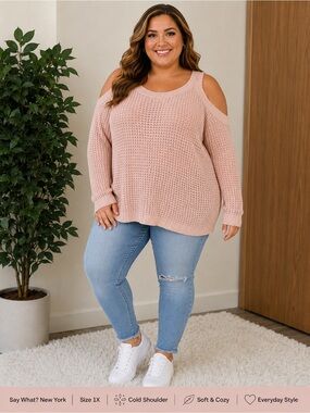 Say What? New York 1X Blush Pink Cold Shoulder Waffle like Knit Sweater Cozy Boh